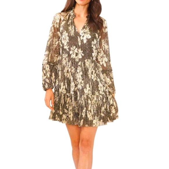 NEW Vince Camuto Lurex Floral Print Tiered Shift Dress Black & Gold Size XL - Picture 3 of 15